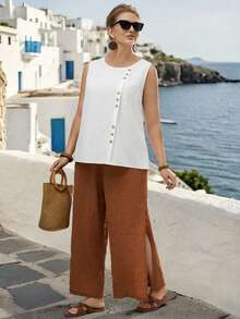 Linhara Plus Size Women Summer Casual Vacation Daily Commute Simple Versatile Solid Color Button Decor Loose Tank Top - White - View 1