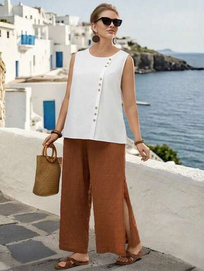 Linhara Plus Size Women Summer Casual Vacation Daily Commute Simple Versatile Solid Color Button Decor Loose Tank Top