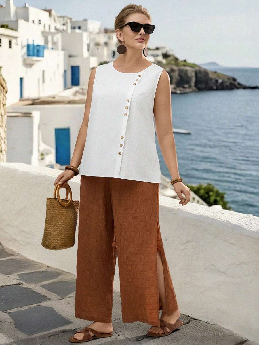 Linhara Plus Size Women Summer Casual Vacation Daily Commute Simple Versatile Solid Color Button Decor Loose Tank Top - White - View 1