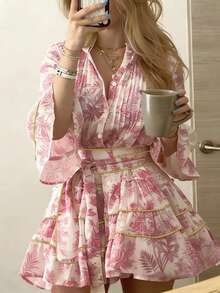 Almamuse Retro French Fashion Women's New Cropped Shirt Dress With Unique Print, Sexy Bell Sleeve, Contrast Trim With Chain Design, Suitable For Outings, Vacations, School, Music Festivals - Pink - View 2