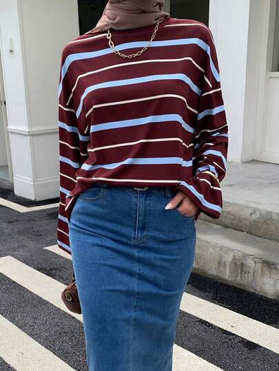 Solavon Women's Burgundy Striped Long Sleeve Tee – Oversized Crewneck Colorblock Top In Wine Red & Sky Blue, Soft Casual Streetwear For Everyday, Travel & Weekend Coffee Runs,Women's Casual Commuter Striped Long Sleeve T-Shirt, Autumn Stripe Top Fall Tops Striped Blouse Preppy Tops