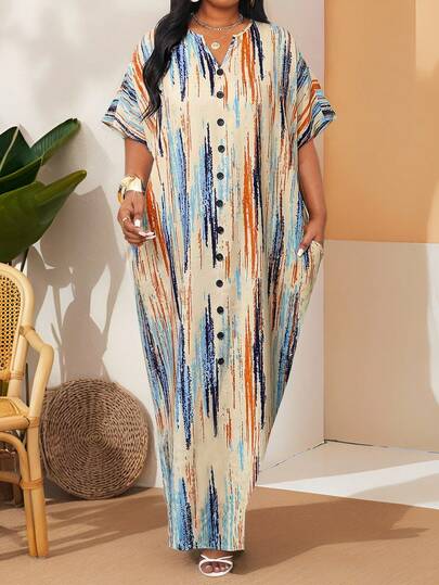 SHEIN Lady Plus Size All-Over Print Asymmetric Neck Short Sleeve Dress