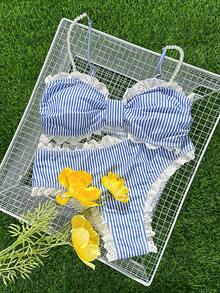 Swim Mod 新款蕾丝装饰甜美蓝白条纹修身坦克比基尼套装 - 藍色 - 查看 7