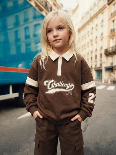 Casuvi Kids Oversized Girls Casual Retro American College Style Khaki Polo Collar Long Sleeve Sweatshirt And Wide Leg Pants 2 Piece Set, Loose And Comfortable, Suitable For Autumn, Spring, Winter, Daily Wear, Commuting, Outdoor, School, Street, Party, And Photography