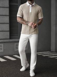 Manfinity Homme 男士撞色短袖休闲通勤Polo衫 - 卡其色 - 查看 7