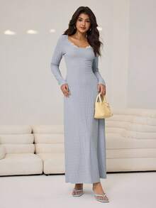 Aidyla Vestido longo feminino com detalhes em renda e textura, perfeito para o outono/inverno. - Cinza Azul - Ver 3