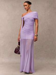 SHEIN BAE Đầm dạ hội thanh lịch dành cho nữ, cổ bất đối xứng, xếp ly, ôm sát, chất liệu lưới xuyên thấu, vạt đuôi cá. - Màu tím hoa cà - Xem 5