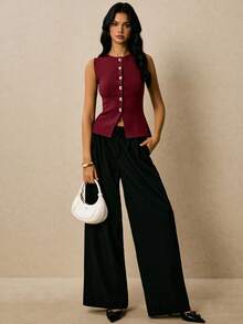 Poéselle Elegant Burgundy Women's Sweater Vest,Autumn Office Plain Knitwear Round Neck Casual Sleeveless Button-Front Top,Regular Length Maroon Tops For Women - Burgundy - View 2
