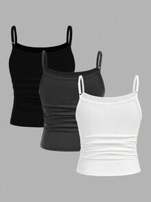 SHEIN Girlism Bộ 3 áo hai dây ôm sát, kiểu dáng thể thao thường ngày, dành cho bé gái tuổi teen. - Nhiều màu - Xem 2