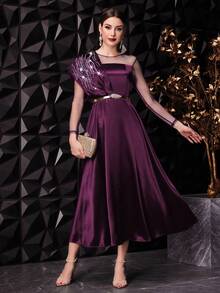 Modelyn Women's Shiny Rhinestone Mesh Splicing Satin Dress,Elegant Evening Party Maxi Dress - Purple - View 3