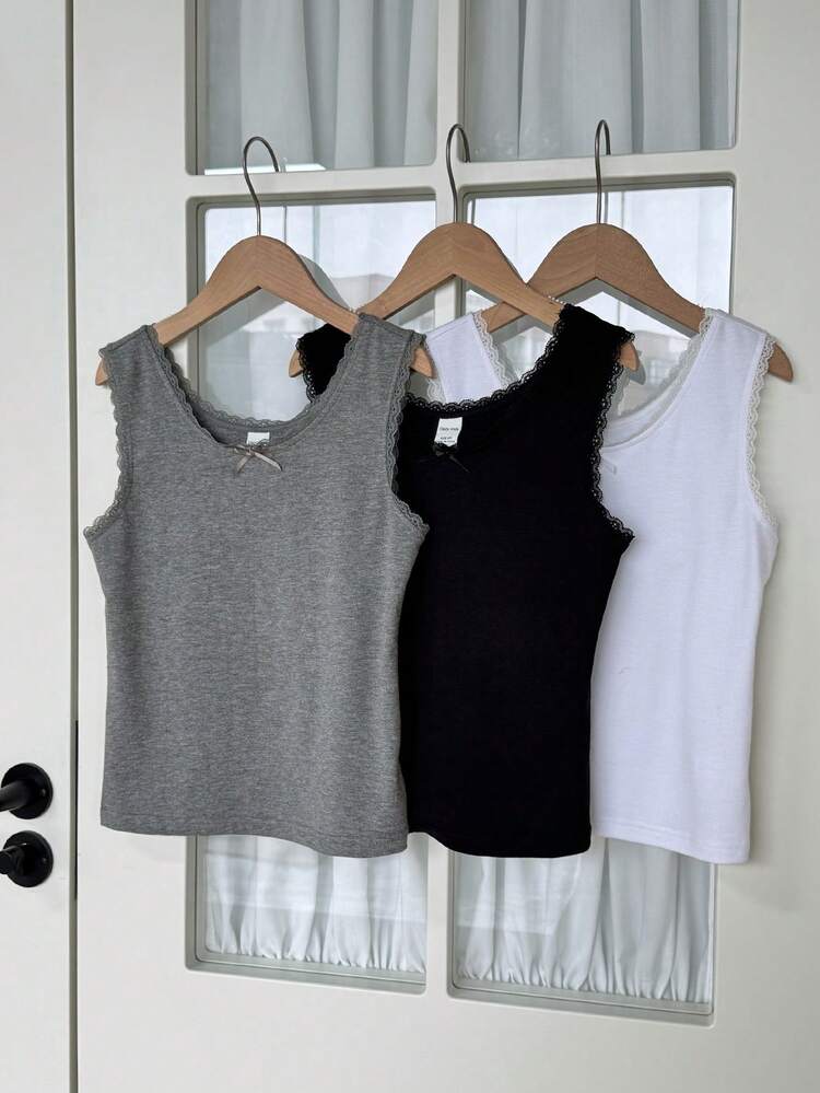 3pcs/Set Tween Girls Knitted Round Neck Fitted Top With Bow Decor, Casual Summer