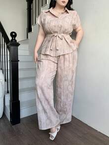 Dazy Plus Elegante conjunto de 2 piezas: Camisa holgada con cuello vuelto bordado de encaje y pantalones de pierna ancha, de moda para primavera/verano - Rosa - Ver 4