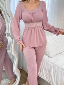 Côtesoire Lace Trim Romantic Women's Pajama Set Holiday Season, Fall Winter Clothes - Dusty Pink - View 6