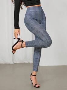 SHEIN PETITE Women's Casual Plaid Skinny Pants, Suitable For Commuting And Daily Wear, Autumn - Black and White - View 6