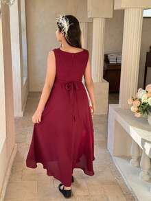 DAZY Tween Girl Solid Color Asymmetric Hem Elegant Dress - Burgundy - View 2