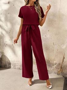 SHEIN Clasi Vacation Floral Trim Solid Color Round Neck Casual Short Sleeve Jumpsuit - Burgundy - View 5
