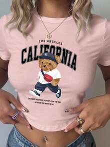 SHEIN EZwear 休闲简约小熊图案圆领短袖修身露脐女式T恤，适合夏季穿着 - 粉色 - 查看 7