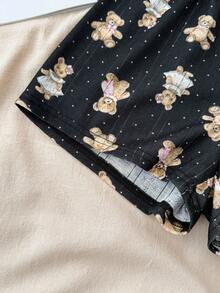 Teen Girls Spring & Summer Valentine's Day, Home, Clean Girl/American BM Style, Lace Trim Bow Bear Pattern Camisole And Shorts Set - Black - View 5