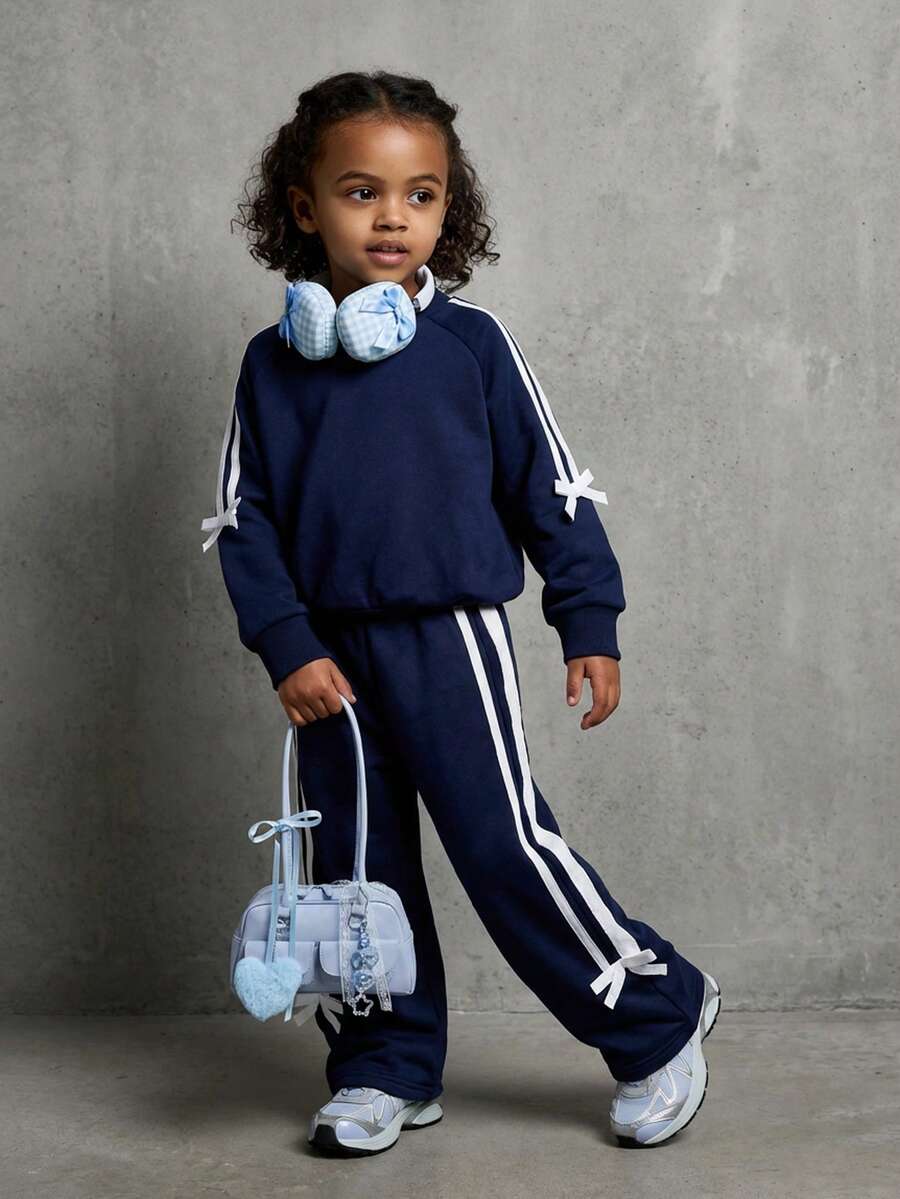 Casuvi Kids Casuvi 女童两件套:粉色针织套头卫衣和阔腿裤,蝴蝶结装饰,侧边撞色滚边,休闲可爱的美式风格,适合春秋季日常穿着、运动和度假。 - 藏蓝色 - 查看 1