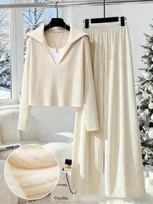 GlowEve CURVE 2pcs Women Knit Long Sleeve Top & Corduroy Lined Wide Leg Straight Pants Set, Casual Daily Commute Fashion French Street Vintage Business Holiday Apricot Autumn/Winter Homewear Cream Two Piece Set Comfy Set