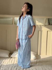 DAZY Tween Girls Heart Print Contrast Trim Loungewear Set, Fall Spring - Blue - View 4