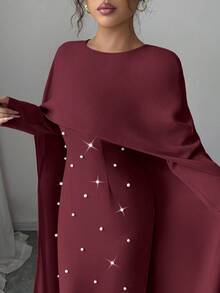 Elenzga فستان حفلات طويل مناسب للخصر مزين بالخرز ذو أكمام طويلة وياقة مستديرة، مصنوع من الأقمشة المحبوكة، مناسب للخريف والشتاء، أنيق ومتعدد الاستخدامات - الأحمر - مشاهدة 6