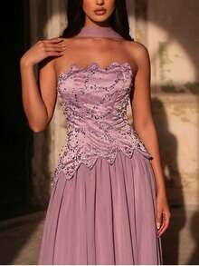 Glamrae Women's Gray-Pink Satin Strapless Dress,Beads&Rhinestones Asymmetrical Hemline,A-Line Chiffon Skirt,Adjustable Tie Waist,Formal Wedding Evening Gown - Dusty Pink - View 6