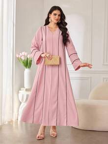 Al Najma Women's New Fashionable Casual Elegant Daily Wear Textured Fabric Splicing Contrast Waistband Loose Comfortable Arabic Style Dress - Pink - View 4