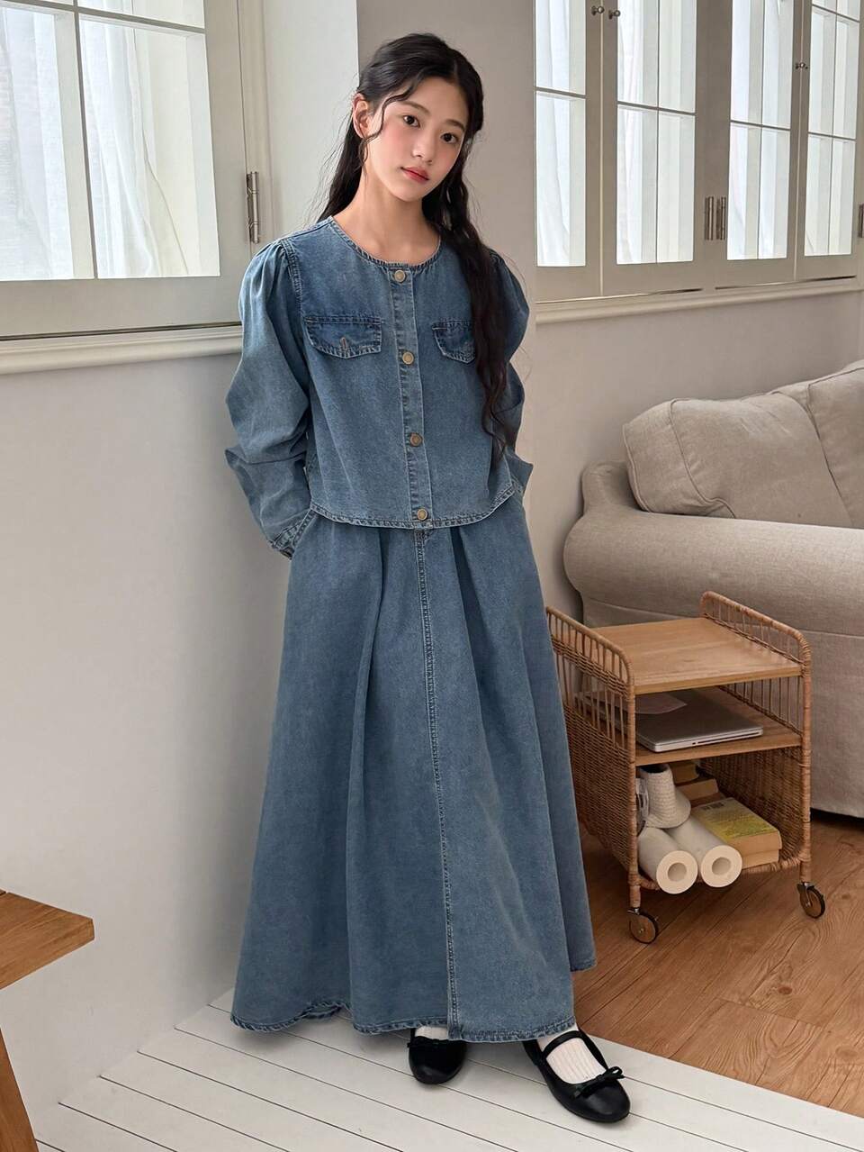 Teen Girl Casual Front Button Denim Jacket And Denim Skirt Set, Autumn