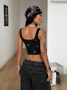 Coolane Dam Sommarkonsertoutfit Raveoutfit Festival Utekväll Renässans Mässa Klubboutfits Sexiga Y2K Ribbstickade Vit Skårad Krage Avkortad T-shirt - Svart - Visa 6