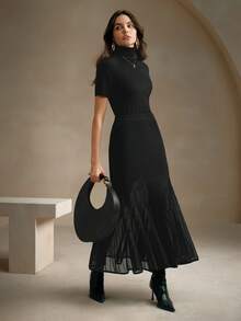 Anewsta Petite Black Ribbed Knit Mesh Patchwork Maxi Mermaid Skirt, Fitted Slimming Draping, Elegant Office/Casual Versatile Autumn/Winter Dress - Black - View 1