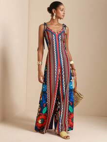 SHEIN Veneréa 女士夏季度假风拼接几何印花打结露肩宽松阔腿连体裤