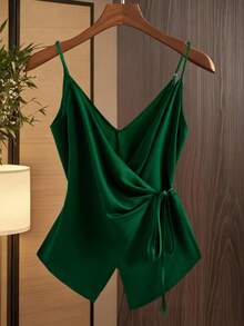 GlowEve CURVE Plus Size Elegant Summer Knot Design Camisole For Night Out Club,Fashionable Dark Green Spaghetti Strap Wrap Top,Emerald Green Vacation Dates Top - Green - View 1
