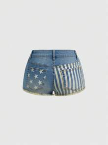 ROMWE Grunge Punk Quần short denim siêu cạp thấp in hình ngôi sao và sọc Y2K Baddie - Màu xanh lam - Xem 2