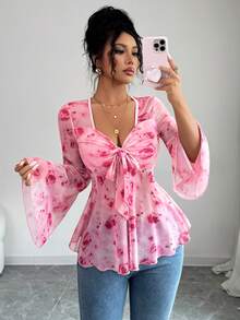 Elenzga 新款女式花卉印花透明喇叭袖 T 恤，正面蝴蝶结设计，优雅休闲度假上衣 - 粉色 - 查看 4