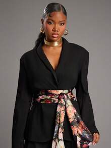 NYA SZN Lydia Printed Jacket Blazer Oversized Button Up Plunge Neck Modest Old Money Business Casual Everyday Casual Vintage Church Office Teacher Back To School Spring Winter Valentines Suitable For Commuting Outfits For Women - Black - View 4