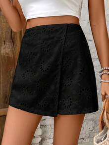 SHEIN Frenchy Rok celana wanita bermotif bordir, modis dan serbaguna untuk kencan dan jalan-jalan. - Hitam - View 6