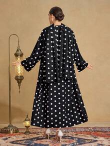 Al Najma Women's Elegant Polka Dot Print Front Open Loose Arabic Abaya Robe - Black and White - View 2