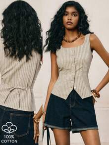 Poéselle 女士条纹单排扣方领休闲背心 - 杏色 - 查看 4