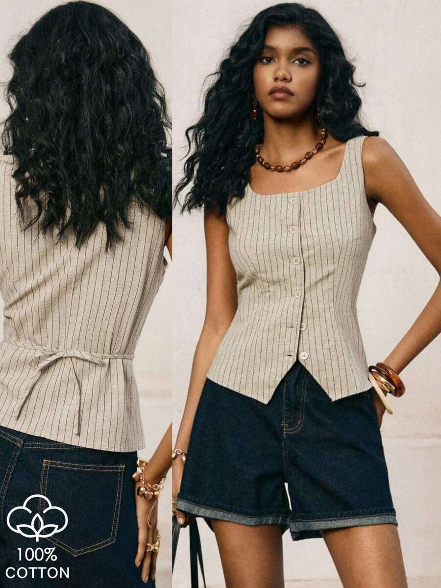 Poéselle 女士条纹单排扣方领休闲背心 - 杏色 - 查看 1