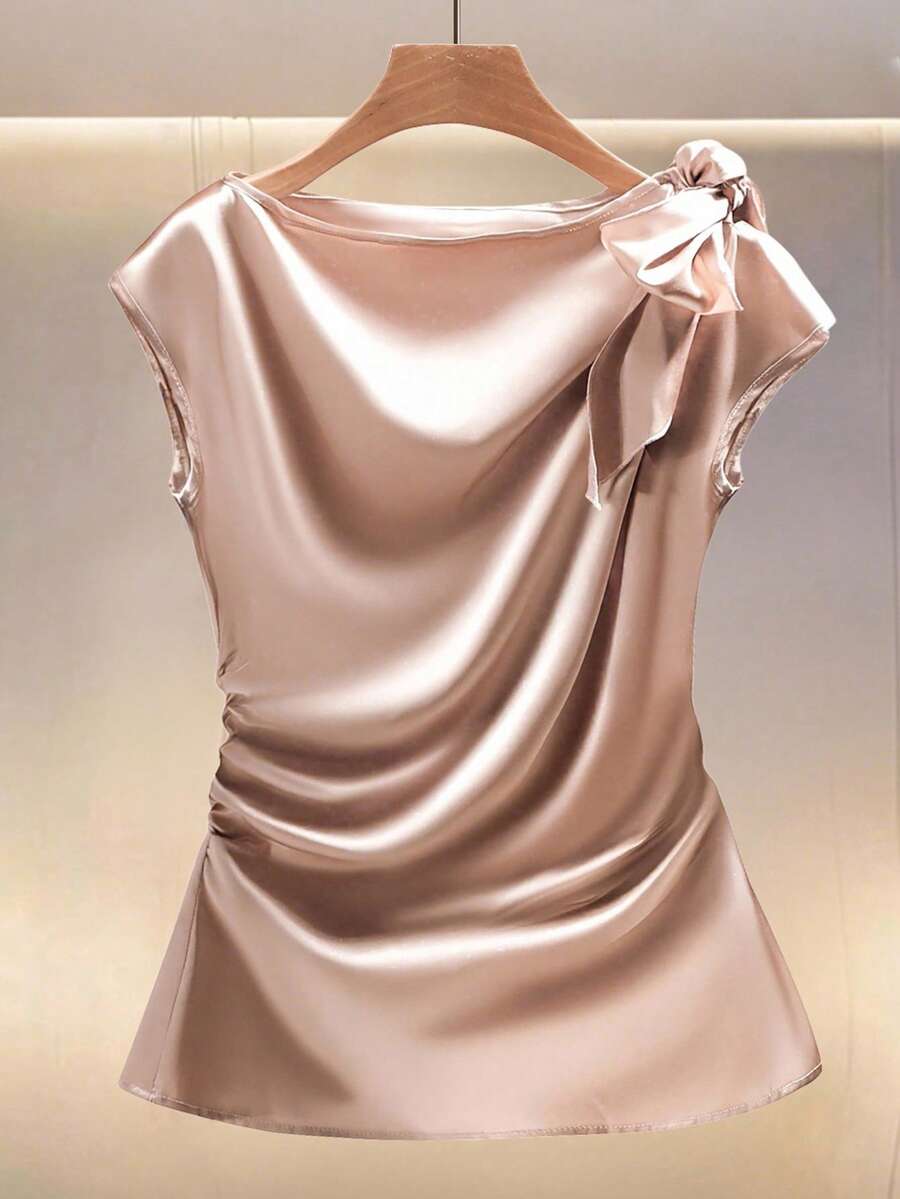 Modelyn 大码女式纯色缎面褶皱蝴蝶结衬衫 - 香檳色 - 查看 1