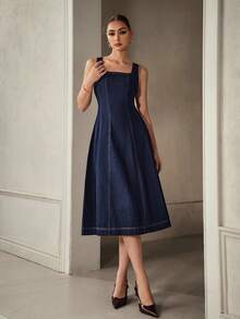 Selenza Women's Casual Washed U-Neck Sleeveless Denim Dress - Dark Wash - View 1