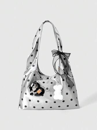 Kawaii 1pc Silver Gray YK Millennium Babe Retro College Style Polka Dot Print With Black Bow, Star Chain, Heart, Dog Bone Decor Large Capacity Tote Bag, Fashionable Minimalist Women's Shoulder Bag Suitable For Daily Commute, College, Date, Shopping, Travel, Etc.