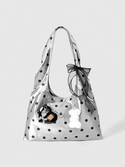 Kawaii 1 pieza Bolso de mano grande de estilo universitario retro con estampado de lunares en gris plateado, con decoración de cadena de estrella, corazón y hueso de perro, lazo negro, adecuado para uso diario, universidad, citas, compras, viajes, etc.