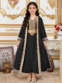 2pcs/Set Tween GirlsMesh Trim Cardigan & Sequin Collar Long Sleeve Dress, Suitable For Outings, Commuting, And Party Occasions - Black - View 7