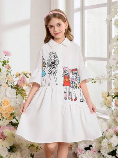 SHEIN Tween Girl Casual Shirt Dress, Cute Girl Pattern Decor White Dress, Flare Short Sleeve, Suitable For Party, Birthday, Outing, Performance, Summer White Dress