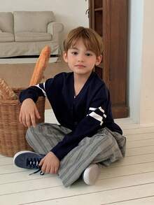 DAZY Young Boy Patchwork Striped Long Sleeve Single-Breasted Casual Knit Cardigan Spring - Navy Blue - View 3