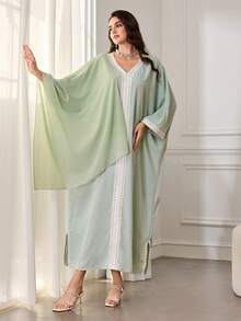 Al Najma Abito lungo casual da donna con scollo a V ricamato e orlo ondulato, stile arabo ampio - Verde - Visualizzare 5