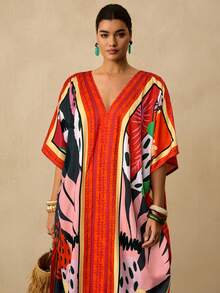 Travachic Plus Size All-Over Print V-Neck Casual Vacation Dress - Black - View 3