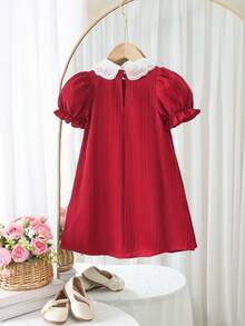 年轻女孩优雅可爱的红色串珠领短袖连衣裙 - 酒紅色 - 查看 2